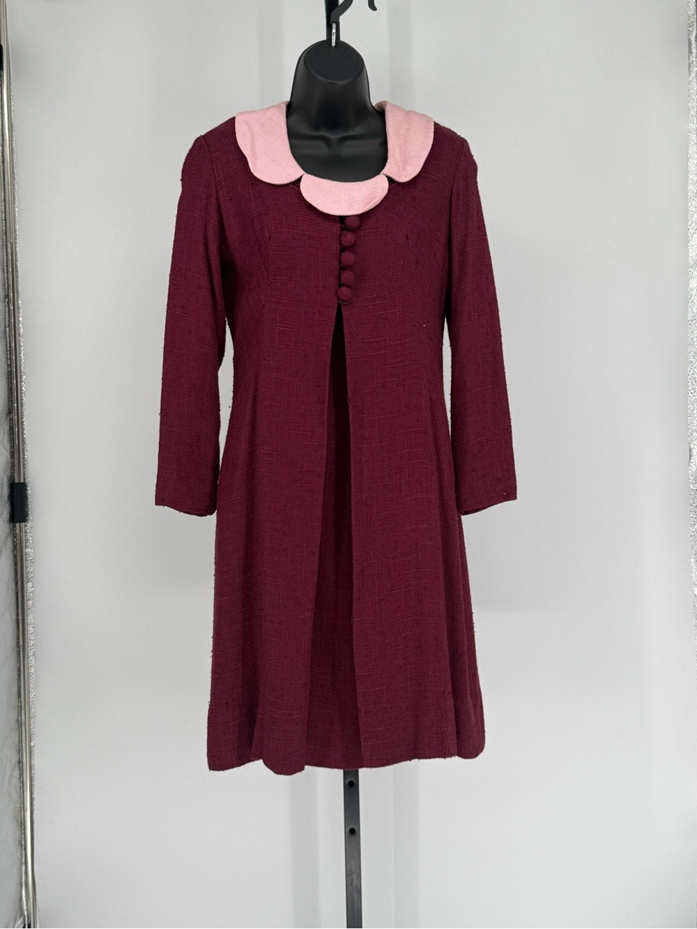 Vintage Womens Maroon Dress w Pink Peter Pan Collar & Coordinated Jacket